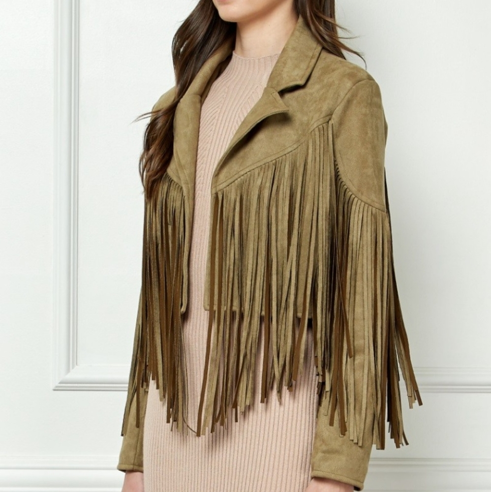Veveret Suede Fringe Long Sleeve Moto Jacket